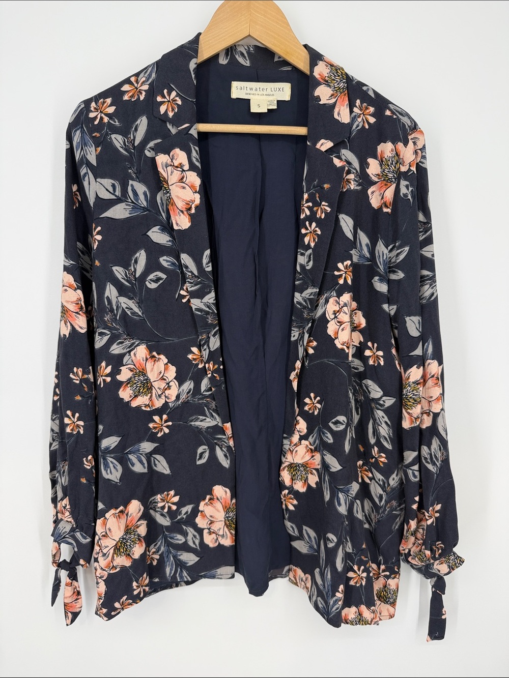 saltwater LUXE Navy Floral Open-Front Blazer with Peach Blooms